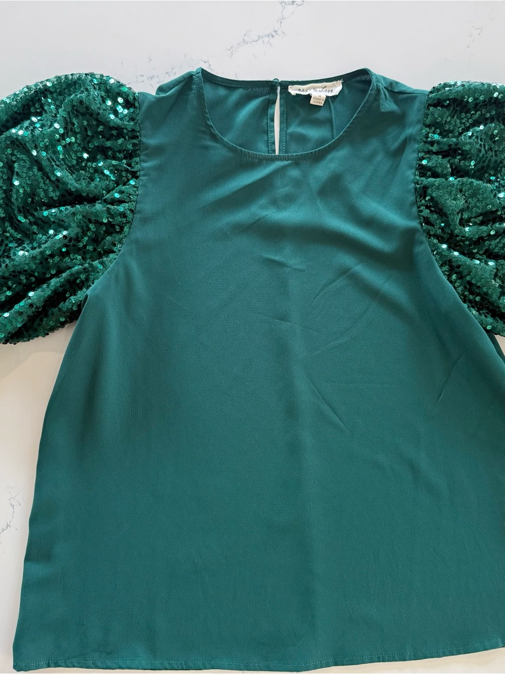 Vine & Love Teal Green Top with Sequin Puff Sleeves